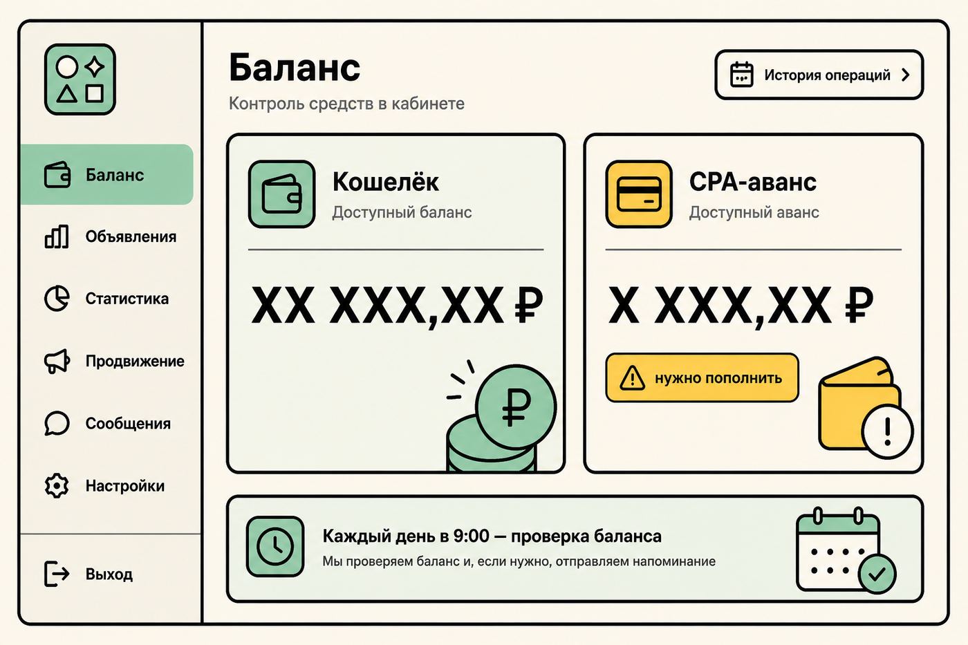 Иллюстрация: кошелёк, CPA-аванс и расписание проверки баланса